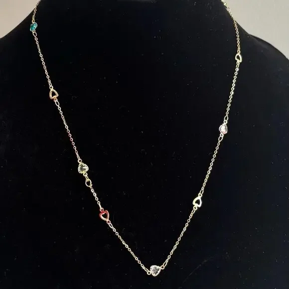 Gold Multi-Color Heart Station Necklace - Women Jewelry - Picture 1 of 5